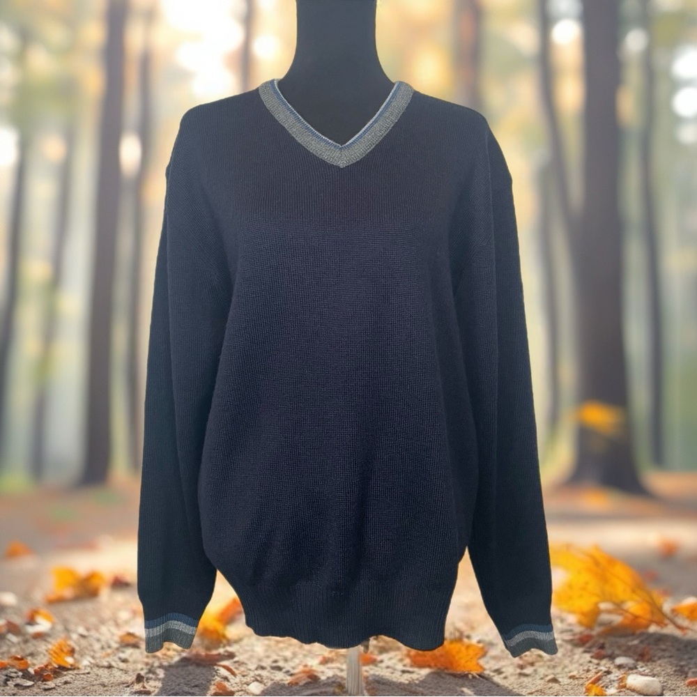 Ocean Sport Vintage Navy/Gray Merino Wool Blend Heavy Knit V-Neck Sweater XL
